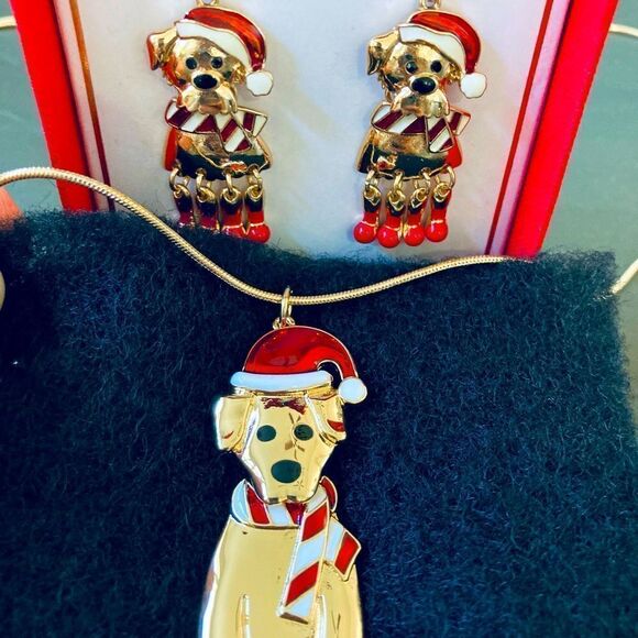 Christmas Dog Gold Holiday Necklace Earrings Set - Picture 1 of 4